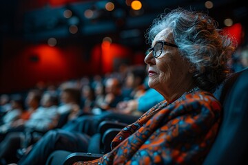 Fototapeta premium An older woman sits attentively in a theater, surrounded by a peaceful audience, immersed in the captivating performance on stage, illuminated by soft lighting