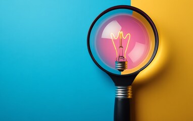 Magnifying glass focusing on a radiant lightbulb with a copyright symbol, signifying intellectual property, creativity, and patent protection, minimalist design, bright colors
