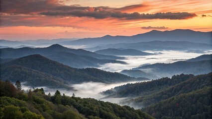 Fototapeta premium Mountain range at sunset with mist and fog, mist, range, golden hour, wilderness, fog