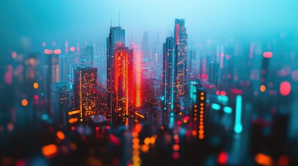 Obraz premium Futuristic skyline with glowing network nodes connecting skyscrapers, symbolizing global 5G connectivity and tech advancement.