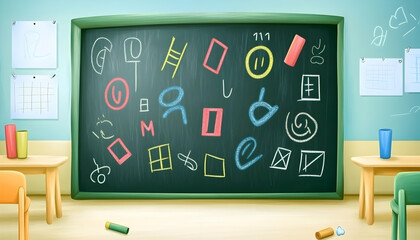 Colorful chalkboard with various shapes and symbols in a classroom setting.