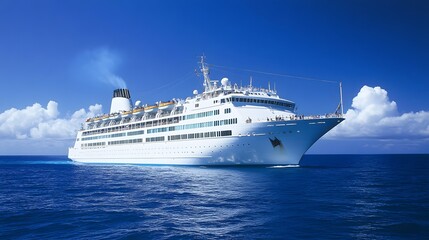 Merchant navy cruise ship sailing under a bright blue sky, passengers lounging on deck as they travel to far-off lands.