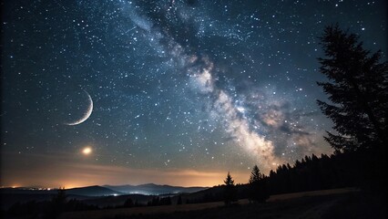 Fototapeta premium Darkened sky with a thousand twinkling stars and a distant crescent moon surrounded by a halo of soft light, lunar halo, starfield, universe