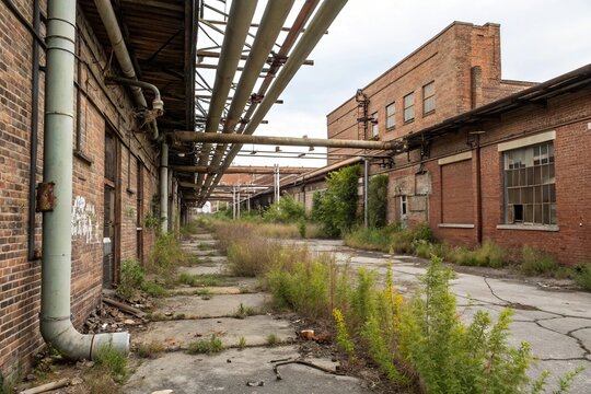 A neglected and worn-down industrial area with exposed pipes and brick walls, grimy, brick, overgrown vegetation, dirty, pipes