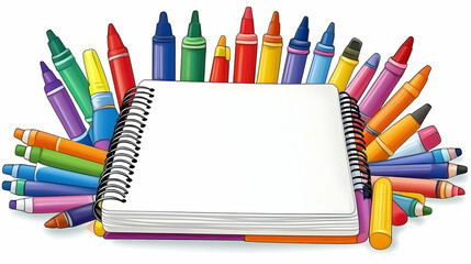 Fototapeta premium Colorful crayons and markers surround a blank spiral-bound notebook.