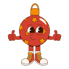 Fun and festive Groovy Christmas ornament character. Retro cartoon style. Perfect for holiday designs, cards, stickers, and seasonal projects.