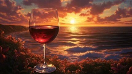 A glass of red wine reflecting the warm hues of a vibrant sunset over tranquil ocean waves, surrounded by blossoming flowers.