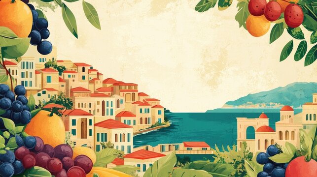 Vibrant Mediterranean landscape with fruit framing a rustic restaurant menu design featuring colorful coastal village and serene sea view.