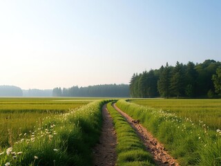 Fototapeta premium path on the summer field with a forest on the background, idyllic countryside scene, sunlit path winding through tall grass and wildflowers
