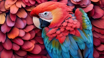 Obraz premium Closeup of a vibrant parrot featuring striking red and blue feathers against a rich background of vivid, colorful plumage textures.