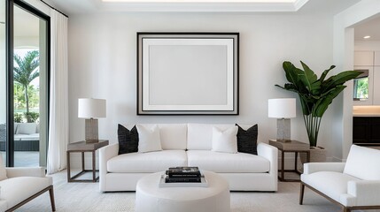 Elegant living room design featuring framed art modern home interior photography minimalist style bright atmosphere