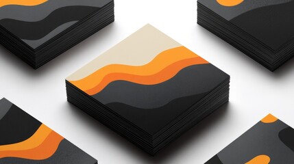 Stylish blank business cards with vibrant abstract wave patterns in orange, black, and cream, showcasing customizable text areas for personal branding.