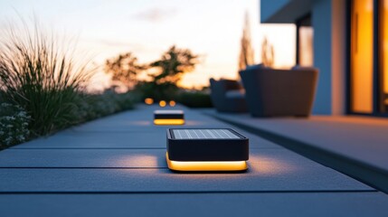 Modern Solar Lights on Garden Pathway at Dusk