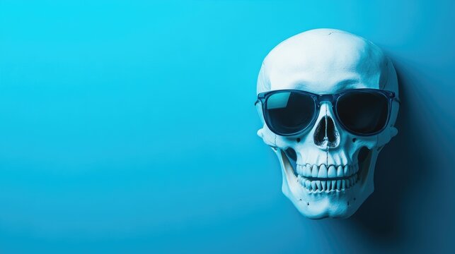 Cheerful human skull in sunglasses set against a vibrant blue background, with ample space for customizable text, perfect for social media promotion.