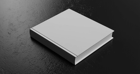 Fototapeta premium Blank hardcover book mockup standing in a dark, moody setting with textured shadows on a minimalist surface. Ideal for showcasing cover designs, branding presentations, and print previews, Generative 