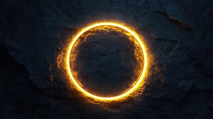 Glowing neon circular symbol illuminated against a dark, textured stone surface, creating a futuristic and dramatic visual effect.
