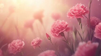 Delicate pink carnations in a soft, dreamy background, ideal for greeting cards with ample space for personalized messages.
