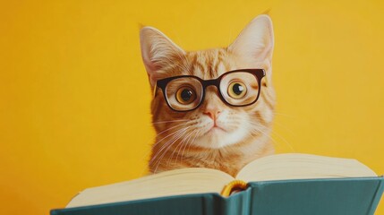 Ginger cat with glasses curiously gazes at an open book on a bright yellow background, symbolizing education and learning in a playful scenario.