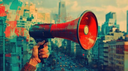Close-up of a vibrant red megaphone held in hand against a blurred abstract city skyline, representing communication and advertising efforts.