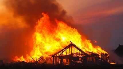 Large flames engulf a wooden structure at sunset, creating a dramatic scene of destruction and smoke rising into the sky