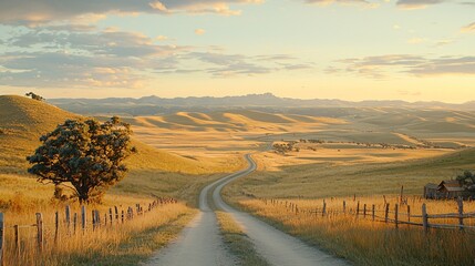Fototapeta premium Serene Country Road in Golden Hour Light