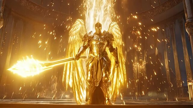 Заголовок: Knight with angel wings in full armor stands with his sword, behind him golden glow and sparks, in style fantasy art and Middle Ages. Epic fantasy graphics for commercial for historical