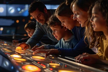 A family of five engages with a hands-on science exhibit, observing glowing buttons and discussing among themselves. The children, filled with curiosity, lean in closely to learn more