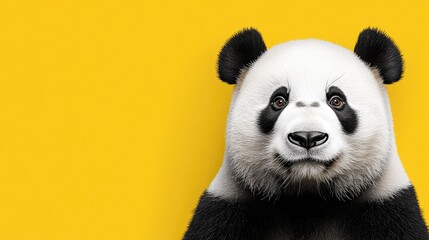 Naklejka premium Panda portrait with a sweet expression, set against a vibrant yellow background, perfect for advertising banners and promotional text placement.