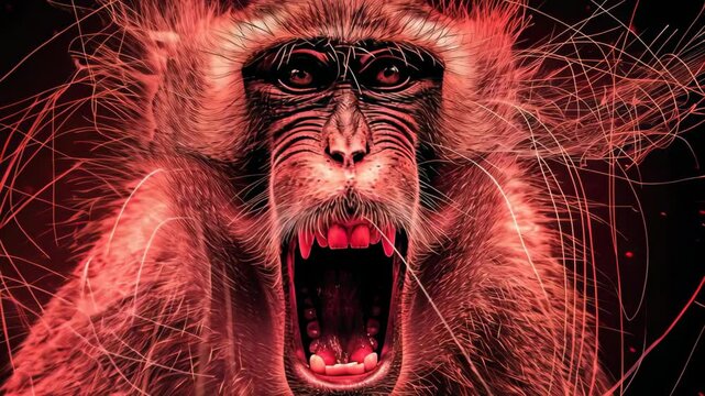 A monkey with red fur and a red face is shown with its mouth open. The image has a dark background and a red and black color scheme. The monkey's expression is menacing and aggressive