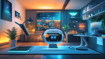 Flat art showing technology integration in modern workspaces, with AR/VR systems and multi-screen setups connected seamlessly 