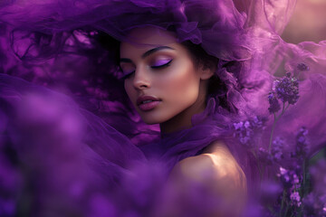 Fototapeta premium Ethereal beauty in purple fabric surrounded by blooming lavender conveys a dreamy and serene ambiance.