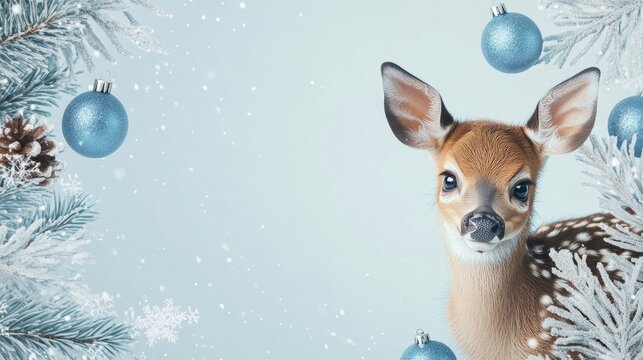Fawn amidst blue ornaments and festive decorations in a winter holiday backdrop, offering space for personalized Christmas greetings.