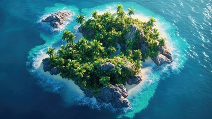Fototapeta premium Aerial view of a vibrant tropical island with dense greenery, rocky formations, and turquoise waters gently lapping the sandy shores.