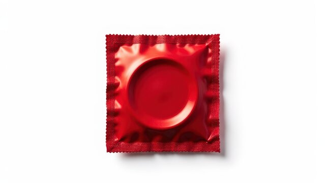 Glossy red condom wrapper with sealed edges and a reflective finish, set against a clean white background for a bold and minimalistic look.