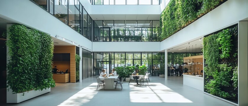 Office building with modern urban farm, plants growing on white walls, green sustainable technology, people eating lunch, ecoconscious office environment