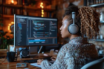 A person is deeply engaged in coding on their computer, wearing headphones, in a stylish home office. Soft lighting creates a warm atmosphere as they concentrate on the screen