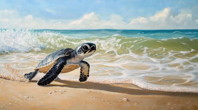 Sea turtle hatchling scuttling toward the ocean waves on a sandy beach, capturing the essence of nature's journey in a vibrant coastal scene.