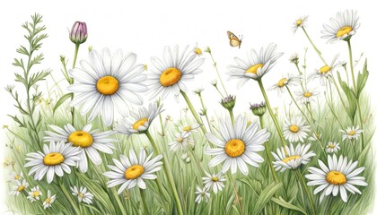 Obraz premium Vibrant daisy field with butterflies and wildflowers capturing summer's natural beauty