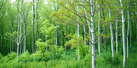 Obraz premium A single white birch tree stands alone in a lush green forest with new light green leaves and delicate branches, nature photography, deciduous trees