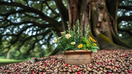 A small ceramic pot filled with a vibrant assortment of herbs like chamomile and rosemary surrounded by small red shoot leaf plant seeds beneath the boughs of a towering tree, nature, seedlings