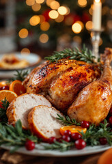Perfectly roasted turkey served with cranberries, herbs, and orange slices