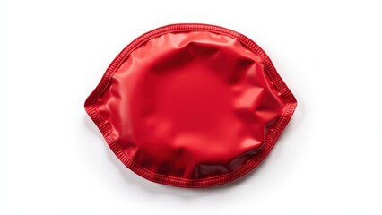 A vibrant red condom wrapper with glossy foil and sealed textured borders, displayed on a plain white surface for modern product branding.