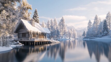 Fototapeta premium Frosty lakeside cabin with a snow-covered roof, surrounded by icy trees, reflecting in calm waters under a serene winter sky.