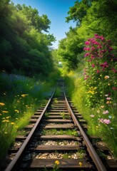Fototapeta premium serene abandoned train tracks surrounded lush greenery vibrant flora under clear blue skies, foliage, nature, landscape, overgrowth, vegetation, path