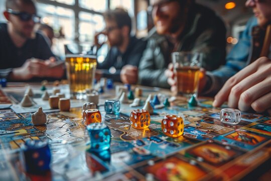 A group of friends enjoys a lively board game night at a warm pub, drinks in hand, sharing laughs and camaraderie over the colorful game pieces and excited dice rolls