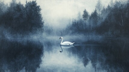 Fototapeta premium Solitary swan gracefully gliding on a misty lake, surrounded by tree reflections, creating a serene and beautiful early morning scene.