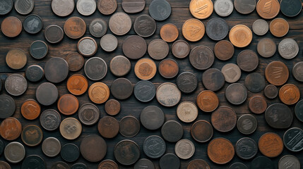 Assorted old vintage coins of various sizes and colors arranged on a dark wooden surface in a flat lay composition showing diverse engravings and textures.