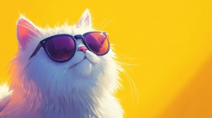 Fluffy white cat with stylish sunglasses poses against a bright yellow backdrop, exuding a playful and trendy vibe with ample space for text.