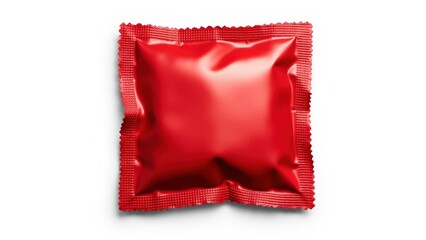 A realistic red foil condom wrapper with textured edges and a glossy reflective surface, placed on a clean white background for a professional look.