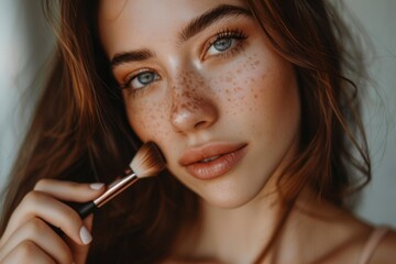 Obraz premium A young woman applying makeup with a brush while showcasing her natural features and healthy skin in soft natural light